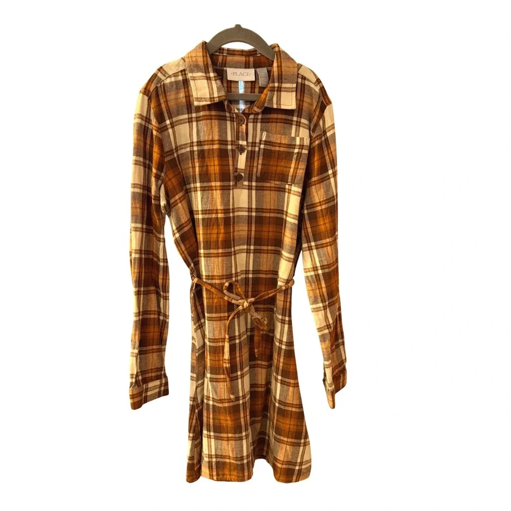 The Childrens Place Plaid Flannel‎ Shirt Dress Girls 14 XL Brown Orange Cotton